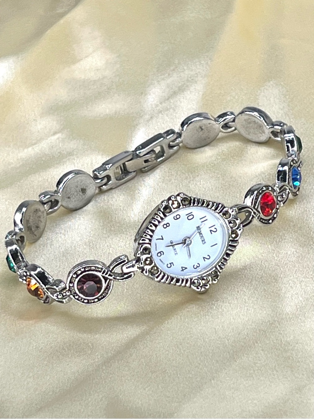 Rumours 6188 Women’s Multicolor Crystal Silver Tone Quartz Bracelet Watch EUC